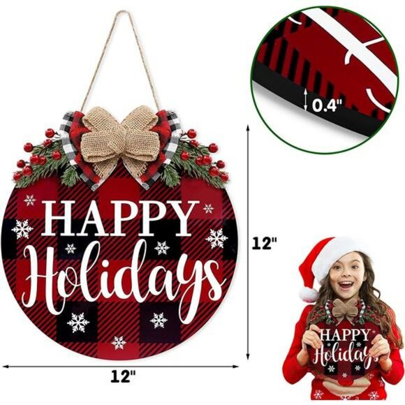 Happy Holiday Door Wreath Sign Christmas Decoration Buffalo Plaid 12 inches - Picture 3 of 7